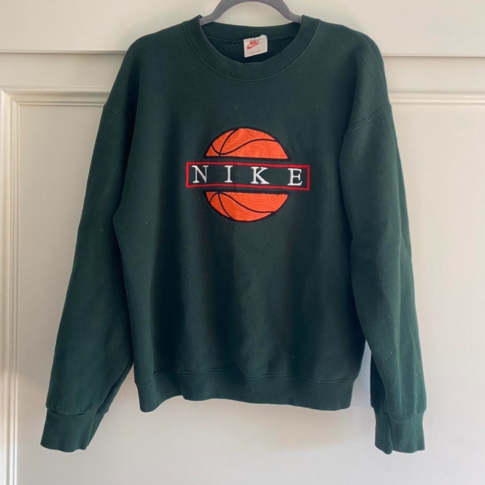 Nike Men's Dark Green Sweatshirt with Orange Logo